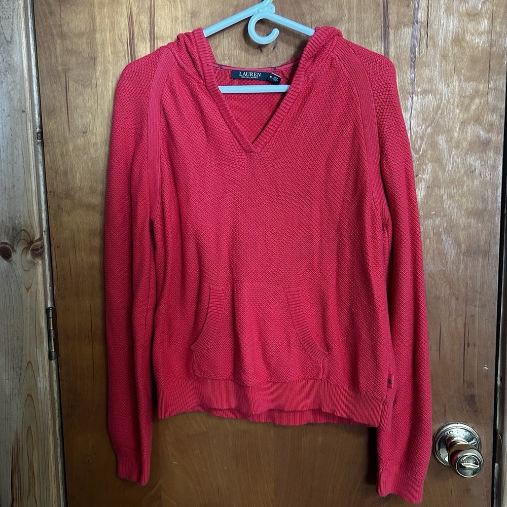 Lauren Ralph Lauren Waffle Knit Hoodie Sweater Pink Womens M Missing Drawstring